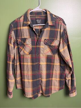 Men's Plaid Flannel Shirt - Charcoal, Tan & Mustard M Redwood Creek 100% cotton
